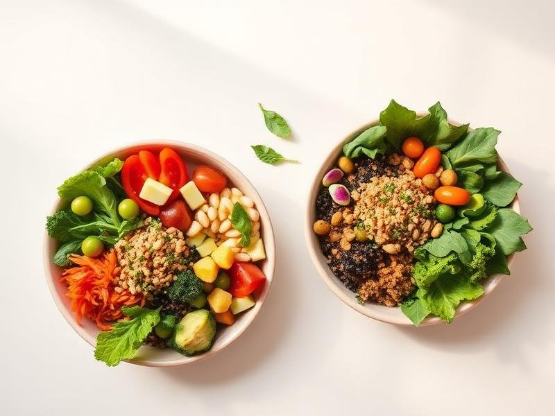 Duas tigelas com refeições equilibradas de vegetais e grãos vistas de cima