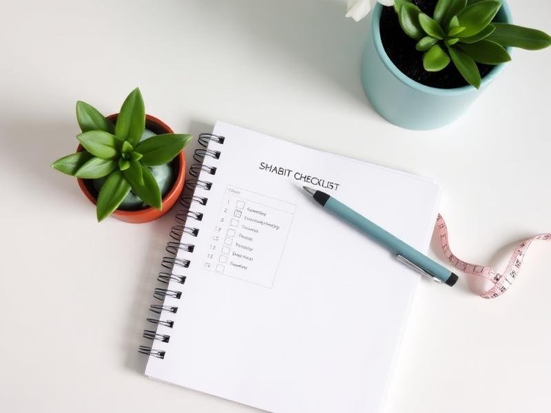 Caderno com checklist de hábitos, caneta e planta sobre uma mesa clara