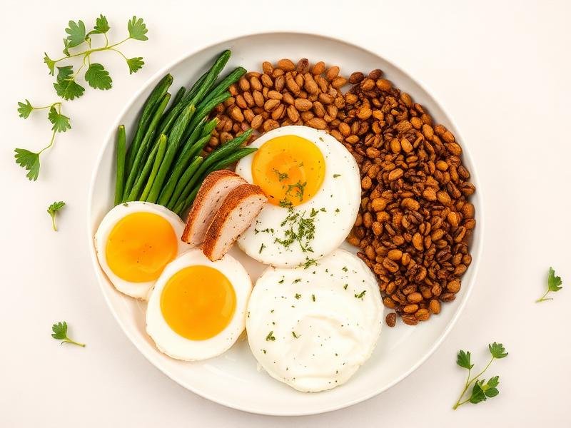 Prato com ovos, carne magra, leguminosas e vegetais verdes