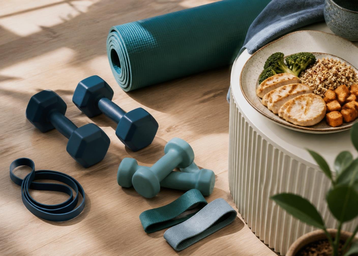 Halteres, faixas elásticas e tapete de exercícios em piso de madeira ao lado de um prato com fontes de proteína